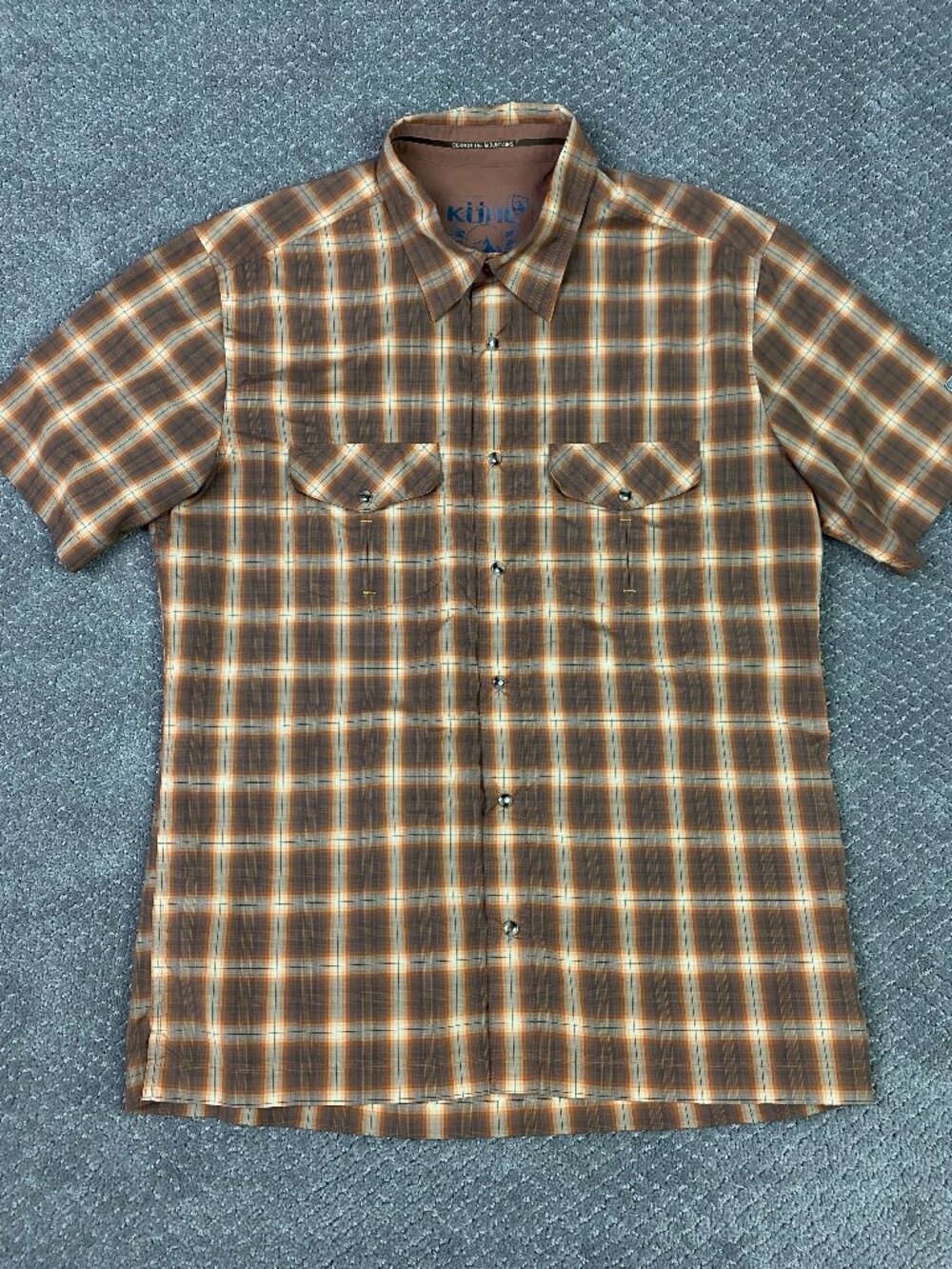 Kuhl Pearl Snap Short Sleeve Shirt Mens Large Brown Plaid Hiking Outdoor Konquer